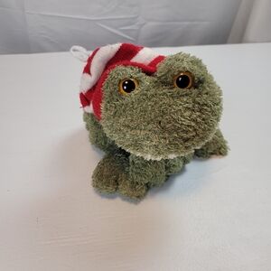 World Market Frog Plush Green Red White Stripe Knit Hat Stuffed Animal Soft